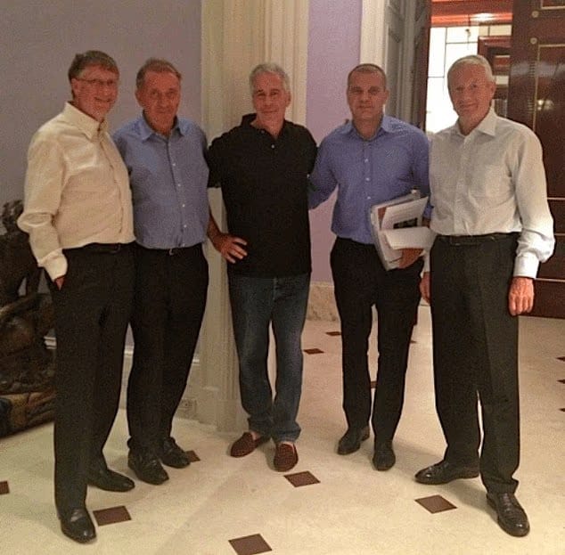 Bill Gates, Terje Rød-Larsen, Jeffrey Epstein, Boris Nikolic, and Thorbjørn Jagland posing together.