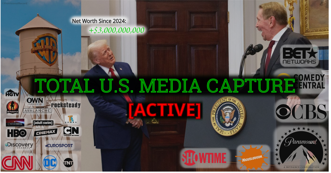 A Timeline of TOTAL U.S. MEDIA CAPTURE [ACTIVE]' collage. Left: WB tower, CNN/HBO logos. Right: Trump & Larry Ellison laughing amid CBS/Paramount logos. Overlay: Trump net worth +$3B.